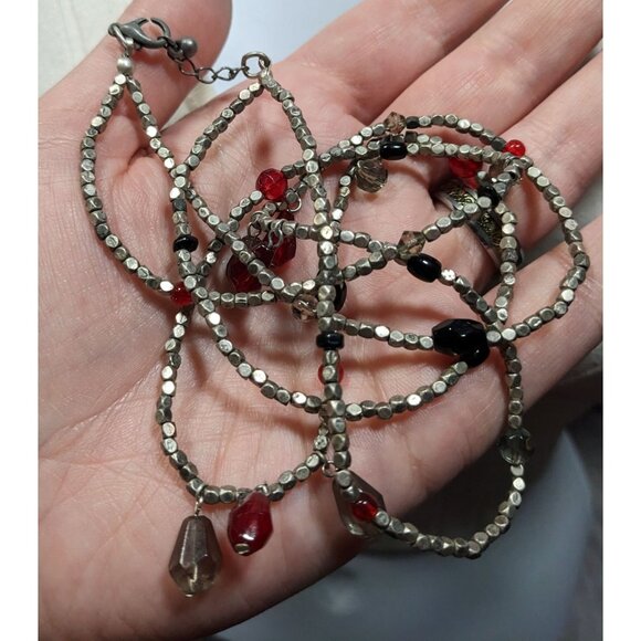 Handmade Layered Red Glass And Silver Tone Metal Beaded Necklace - Picture 3 of 5